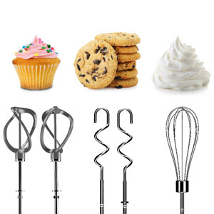 Accessories include 2 HELIX beaters, 2 dough hooks, and a chef's whisk.